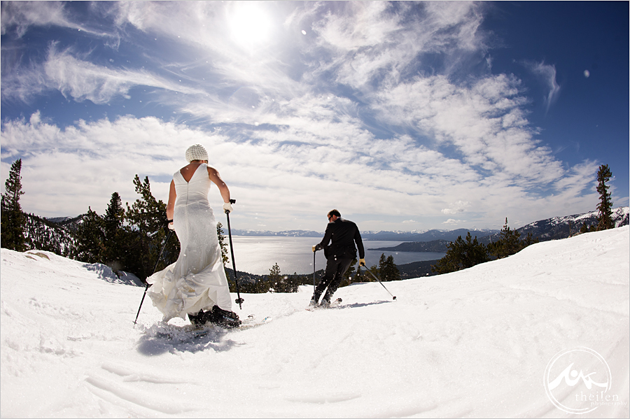 wedding couple bride and groom skiing down Diamond Peak's Crystal Ridge with views of Lake Tahoe